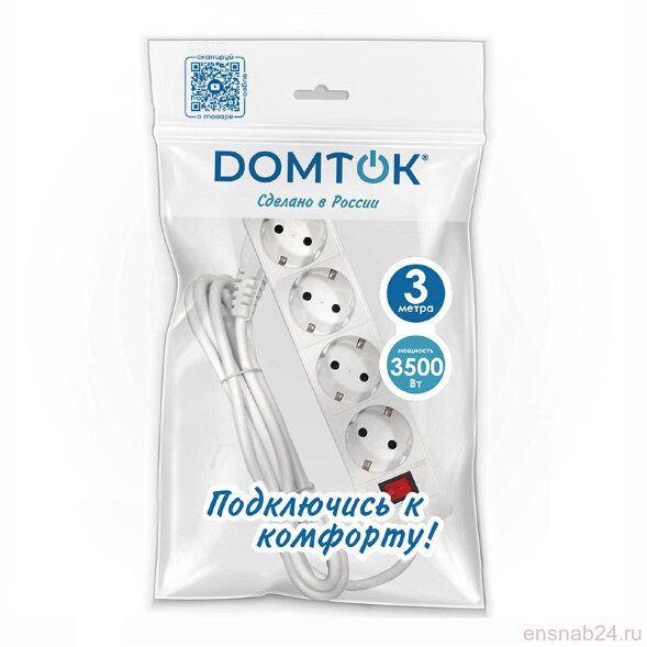  Удлинитель 4х3х16А IP20 3х1 с выкл. бел. DOMTOK 2499 (Удлинители, блоки розеток, разветвители, переходники) 