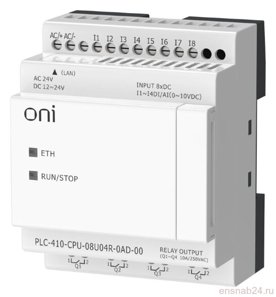  Модуль ЦПУ ПЛК 410 4 DI 4 UI (0-10 В/DI) 4 RO 12В-24В DC или 24В AC с Ethernet портом без экрана ONI PLC-410-CPU-08U04R-0AD-00 (Логические контроллеры и аксессуары) 