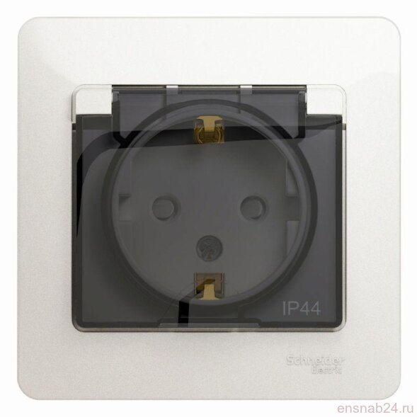  Розетка 1-м СП Glossa 16А IP44 с заземл. защ. шторки с крышкой в сборе перламутр. SE GSL000648 (Розетки) 