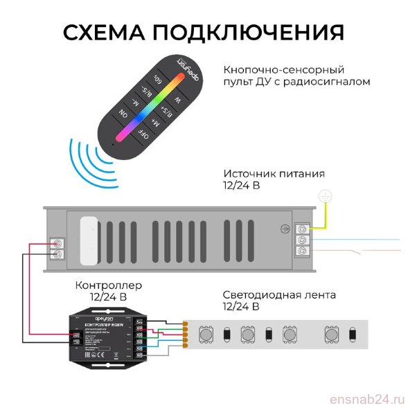  Контроллер RGBW 12/24В 288/576Вт 4 канала 24А IP20 ПДУ RF сенсорный Apeyron 04-104 (Аппаратура пускорегулирующая) 