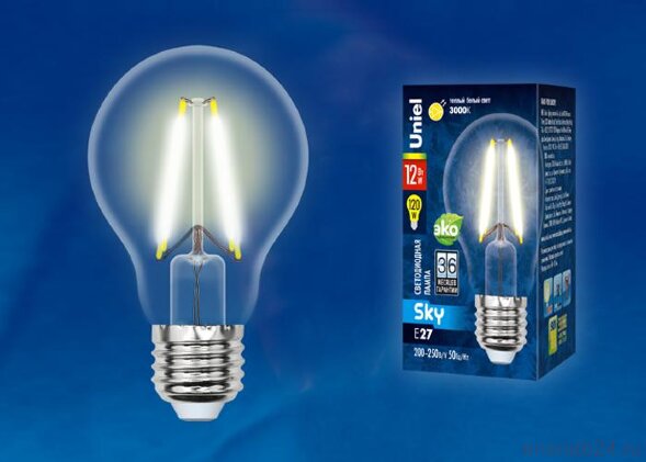  Лампа светодиодная LED-A60-12W/3000K/E27/CL PLS02WH Sky 12Вт A 3000К тепл. бел. прозр. картон Uniel UL-00004866 (Лампы светодиодные) 