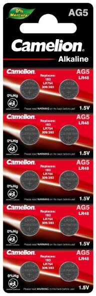  Элемент питания алкалиновый "таблетка" LR754/393A/193/G 5 Mercury Free AG5-BP0%Hg для часов BL-10 (блист.10шт) Camelion 12813 (Батарейки) 