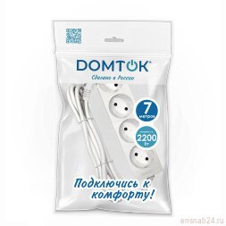 Удлинитель 4х7м без заземл. 10А IP20 2.2кВт ПВС 2х1 бел. DOMTOK 2358