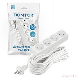 Удлинитель 4х10м без заземл. 10А IP20 2.2кВт ПВС 2х1 бел. DOMTOK 2355