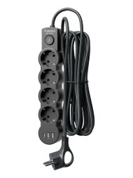 Удлинитель 4х5м с заземл. 10А IP20 USB type-Aх2 + type-C 2500Вт 220В ПВС 3х1 с выкл. черн. КОСМОС YKsm5m4g-Z-VU10А-B