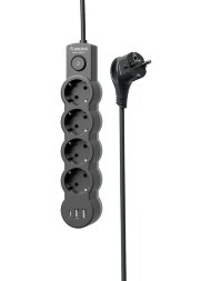 Удлинитель 4х1.5м с заземл. 10А IP20 2хUSB-А + 1хUSB-C 2500Вт 220В ПВС 3х1 с выкл. черн. КОСМОС YKsm1.5m4g-Z-VU10А-B
